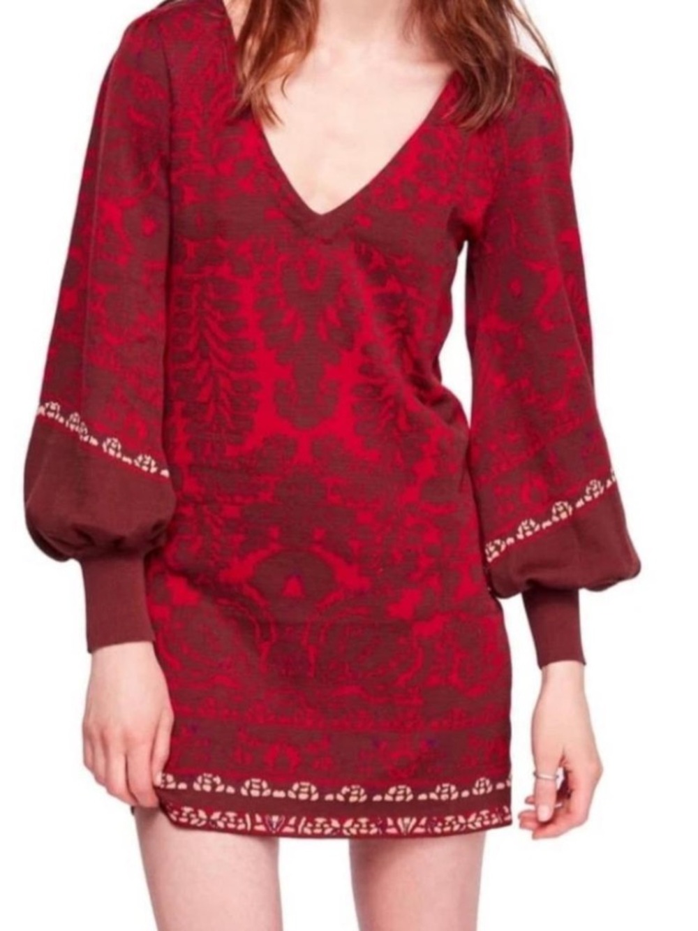 Free People Red Floral Music & Lyrics Mini Sweater Dress Bishop Sleeve M Boho